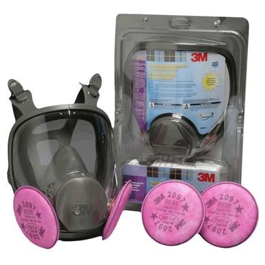 The 3M Mold Remediation Respirator Kit 6000, featuring a full-face grey respirator mask with P100 filters, is displayed alongside its packaging. It's perfect for mold remediation and comes with extra filter cartridges to ensure protection against airborne particles.