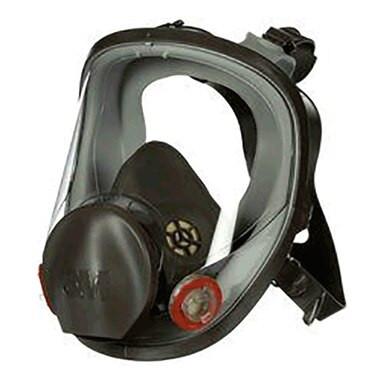 The 3M 6000 Series Full Facepiece Respirator, approved by NIOSH, is a black and gray mask designed with a clear visor and adjustable straps. It includes red exhalation valves and a central breathing apparatus, supporting filters and cartridges for effective protection against airborne particles and gases.