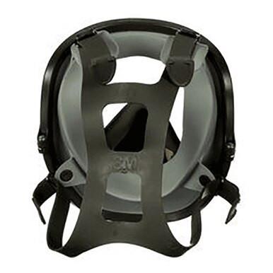 Interior view of a black safety helmet with gray padding and adjustable straps. This NIOSH-approved headgear features a sturdy frame and ventilation holes for comfort and protection, similar to the dependable design of 3M’s 6000 Series Full Facepiece Respirator.