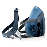 The 3M 7500 Series Half Facepiece Respirator in blue comes with adjustable black straps and a silver buckle, delivering dependable respiratory protection. NIOSH-approved, this product from 3M guarantees safety and comfort for challenging settings.