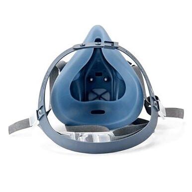 The 3M 7500 Series Half Facepiece Respirator, in blue, is NIOSH-approved and features adjustable gray straps and a clear lens. Engineered for protection and comfort, it offers a snug fit and vents for optimal airflow. Trust the reliable safety of 3M respirators with every use.