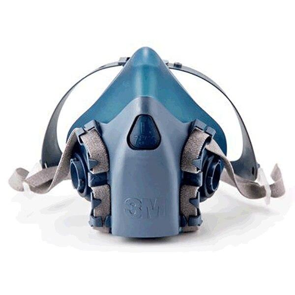 The 3M 7500 Series Half Facepiece Respirator is a blue NIOSH-approved mask featuring adjustable straps and dual filters. It is designed with a front valve and robust construction, providing reliable protection against particles and fumes.