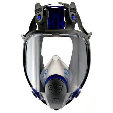 The 3M Ultimate FX Full Facepiece Respirator FF-400 series is a full-face mask that includes a Scotchgard Protector, clear visor, and adjustable straps. This blue and black respirator is designed to enhance peripheral vision with visible filtration components at the front and sides, offering optimal protection in hazardous environments.