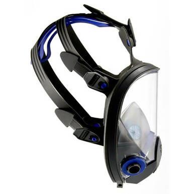 The 3M Ultimate FX Full Facepiece Respirator FF-400 series, featuring a black and blue design, offers a clear visor and adjustable straps to enhance peripheral vision. Its circular filter at the bottom ensures safety in hazardous environments, while the sleek design includes a Scotchgard Protector for added durability.