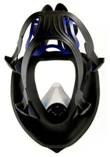 A 3M Full Facepiece Respirator from the Ultimate FX FF-400 series in black and blue features a transparent front with an integrated snorkel tube, enhancing peripheral vision and highlighting its ergonomic design from the front.