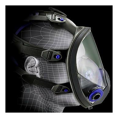 A 3D rendering showcases a person wearing the 3M Ultimate FX Full Facepiece Respirator FF-400 series, featuring blue accents and adjustable straps. The sophisticated design includes a transparent visor that enhances peripheral vision, representing advanced technology similar to Scotchgard Protector's innovation.