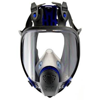 Introducing the 3M Ultimate FX Full Facepiece Respirator FF-400 series, a product by 3M. This mask features a clear visor accented with black and blue details, as well as adjustable head straps for a comfortable fit. Treated with Scotchgard Protector, it provides excellent peripheral vision and includes a centrally located air filter to protect against airborne particles.