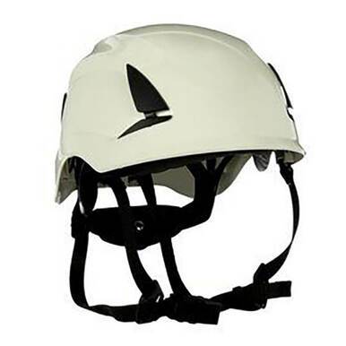 A white 3M SecureFit Safety Helmet X500_-ANSI, with black adjustable straps and ventilation slits, is showcased against a plain background and features advanced technology for enhanced comfort.