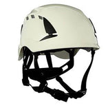 A 3M SecureFit Safety Vented Helmet X500_V-ANSI in white features black adjustable straps and side ventilation slits, enhanced with Pressure Diffusion Technology for added comfort, showcased at an angle against a simple white background.