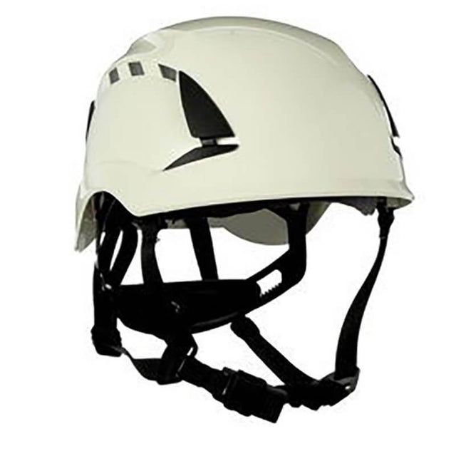 Introducing the 3M SecureFit Safety Vented Helmet X5000: a white protective helmet from 3M, featuring an innovative climbing helmet-inspired design with black adjustable straps and ventilation slots. Its Pressure Diffusion Technology ensures ultimate comfort and protection in construction or industrial environments.