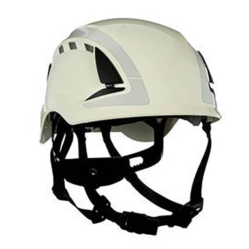 The 3M SecureFit Safety Reflective Vented Helmet X5000 is a white climbing-style helmet that includes black adjustable straps and multiple ventilation slots on the sides. Designed for protective use in industrial or construction environments, it features advanced Pressure Diffusion Technology for superior comfort.