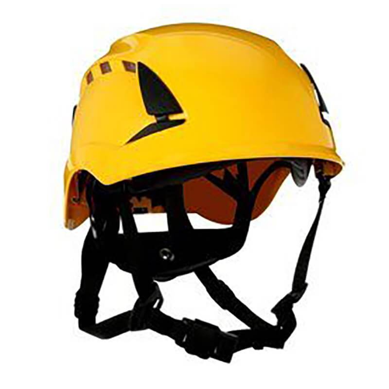 The 3M SecureFit Safety Vented Helmet X500_V-ANSI is a yellow climbing-style helmet designed for optimal head protection, featuring Pressure Diffusion Technology. It includes black adjustable straps and buckles, with black vent details on the sides, making it ideal for construction or industrial use.