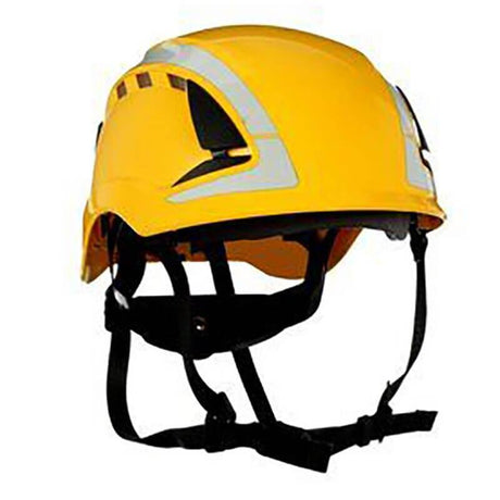 The 3M SecureFit Safety Reflective Vented Helmet X5000 is a yellow helmet featuring reflective strips and adjustable black straps, designed for construction or industrial use with Pressure Diffusion Technology for enhanced comfort.