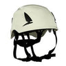 A white 3M SecureFit Safety Helmet X500_-ANSI features black adjustable straps and side ventilation slits, incorporating Pressure Diffusion Technology for improved safety and comfort.