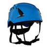 The 3M SecureFit Safety Vented Helmet X500_V-ANSI (10/case) by 3M is a blue climbing-style helmet with black ventilation slots, designed with pressure diffusion technology and an adjustable chin strap.