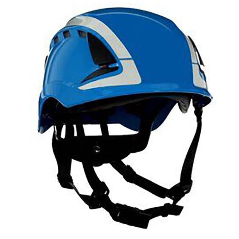 The 3M SecureFit Safety Reflective Vented Helmet X5000 in blue features black adjustable chin straps and white reflective accents, enhanced with Pressure Diffusion Technology for optimal comfort and security.