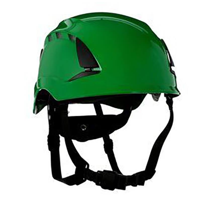 The 3M SecureFit Safety Vented Helmet X500_V-ANSI, available in green, features black ventilation slots and an adjustable chin strap designed with Pressure Diffusion Technology for maximum comfort.