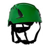 The 3M SecureFit Safety Vented Helmet X500_V-ANSI, available in green, features black ventilation slots and an adjustable chin strap designed with Pressure Diffusion Technology for maximum comfort.