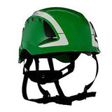 The 3M SecureFit Safety Reflective Vented Helmet X5000, a helmet from the brand 3M in green, includes an adjustable black strap and Pressure Diffusion Technology, making it ideal for head protection in construction or industrial settings.