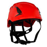 The 3M SecureFit Safety Vented Helmet X500_V-ANSI, available in a vibrant red color with black straps and an adjustable harness, boasts vented sections and a sleek design. Ideal for construction or outdoor activities, this helmet incorporates pressure diffusion technology to enhance comfort.