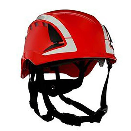 A red 3M SecureFit Safety Reflective Vented Helmet X5000 comes with black vents and white reflective stripes, designed in a climbing-style. It includes an adjustable black chin strap and utilizes Pressure Diffusion Technology for enhanced comfort and safety.