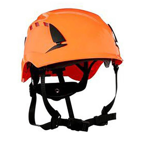 The 3M SecureFit Safety Vented Helmet X500_V-ANSI, available in orange, features black adjustment straps and ventilation slots. It's designed for construction or climbing activities with pressure diffusion technology to enhance comfort.