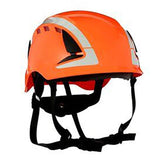 The 3M SecureFit Safety Reflective Vented Helmet X5000 features a climbing-style design in orange and includes a black adjustable chin strap along with reflective strips on the sides for added protection and visibility. It is equipped with Pressure Diffusion Technology, providing superior comfort for those requiring high safety standards on the job.