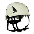 The 3M SecureFit Safety Helmet X500_-ANSI, available in a striking white color with black ventilation slits and equipped with adjustable straps, incorporates Pressure Diffusion Technology to enhance comfort. It is displayed against a plain background.