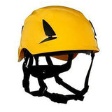 The 3M SecureFit Safety Helmet X500_-ANSI, in yellow, is a climbing-style helmet designed for construction or industrial use. It features Pressure Diffusion Technology, a black adjustable chin strap, and ventilation slits on the sides. Ideal for those needing reliable head protection from 3M.