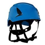 A 3M SecureFit Safety Helmet X500_-ANSI in blue, designed with adjustable black straps and side ventilation slits, utilizing Pressure Diffusion Technology to ensure maximum comfort.