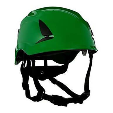 The 3M SecureFit Safety Helmet X500_-ANSI, offered in a case of 10, is a climbing-style protective headgear with a green shell, black adjustable straps, and ventilation holes. It features 3M's Pressure Diffusion Technology to ensure optimal comfort and safety.