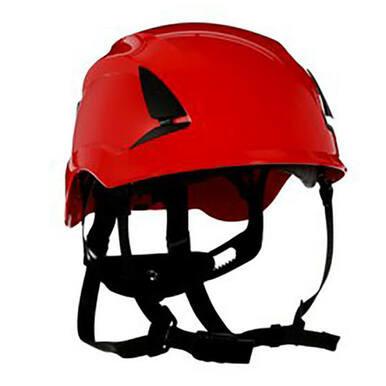 The 3M SecureFit Safety Helmet X500_-ANSI (10/case) features black adjustable chin straps and side ventilation slits, making it perfect for protection during construction or outdoor activities with its vibrant red climbing-style design.