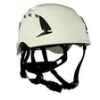 The 3M SecureFit Safety Vented Helmet X500_V-ANSI is a white climbing-style helmet that features black adjustable straps and ventilation slits, displayed on a plain white background. Designed with pressure diffusion technology, it ensures maximum safety and comfort for your climbing adventures.