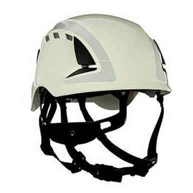 The 3M SecureFit Safety Reflective Vented Helmet X5000 by 3M comes in white and includes ventilation slots along with an attached black chin strap, designed in a climbing style to provide enhanced comfort with its innovative Pressure Diffusion Technology.