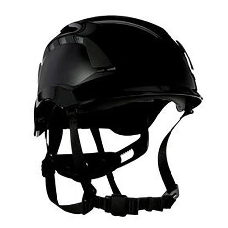 The 3M SecureFit Safety Vented Helmet X500_V-ANSI is a stylish black climbing-style helmet with a glossy finish and an adjustable chin strap. It offers comfort and protection through its padded interior lining, enhanced by pressure diffusion technology.