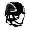 The 3M SecureFit Safety Reflective Vented Helmet X5000 by 3M is a black helmet designed in a climbing style, featuring reflective white stripes. It includes an adjustable chin strap and Pressure Diffusion Technology for enhanced head protection.