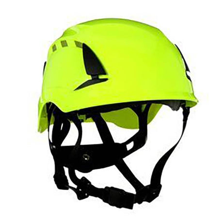 The 3M SecureFit Safety Vented Helmet X500_V-ANSI, available in a vibrant yellow, features black adjustable chin straps and subtle black arrow designs on the sides. With pressure diffusion technology, its smooth, rounded shape enhances protection and safety.