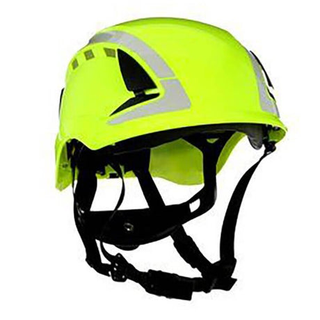 Hi-Viz Green 3M SecureFit Safety Reflective Vented Helmet X5000 with a climbing-style design, featuring a black adjustable chin strap and reflective silver accents. Engineered for industrial or construction use, it utilizes Pressure Diffusion Technology for enhanced comfort and protection.