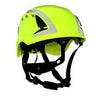 Hi-Viz Green 3M SecureFit Safety Reflective Vented Helmet X5000 with a climbing-style design, featuring a black adjustable chin strap and reflective silver accents. Engineered for industrial or construction use, it utilizes Pressure Diffusion Technology for enhanced comfort and protection.