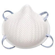 The Moldex 2200 N95 Particulate Respirator is a white, textured mask certified by NIOSH, featuring two elastic straps on each side for secure fitting. This disposable dust mask has a rounded shape that effectively covers the mouth and nose for protection.