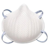 The Moldex 2200 N95 Particulate Respirator is a white, textured mask certified by NIOSH, featuring two elastic straps on each side for secure fitting. This disposable dust mask has a rounded shape that effectively covers the mouth and nose for protection.