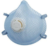 The Moldex 2300 N95 Respirator, available in a box of 10, features a blue design with a distinctive white exhalation valve at the center. It comes equipped with adjustable straps for a secure fit and is characterized by its textured, net-like surface.