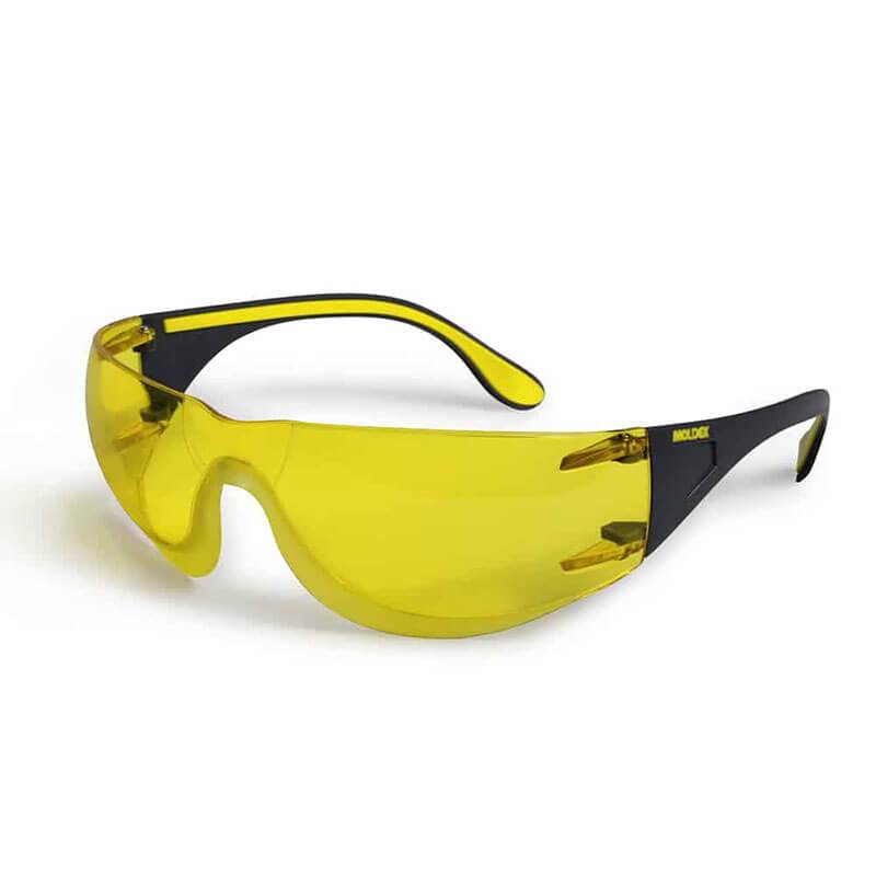 The Moldex Adapt Industrial Safety Glasses 5002_-1, available in a case of 72, feature yellow-tinted lenses with black arms to provide UV protection and ensure eye safety. Their slightly curved design includes an anti-fog coating, enhancing the sporty appearance.