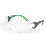 The Moldex Adapt Industrial Safety Glasses 5002_-1 feature clear lenses and stylish green and black arms, offering protective eyewear with UV protection. The sleek frame has a wraparound style for full eye coverage and includes an anti-fog coating to ensure clarity in all conditions.