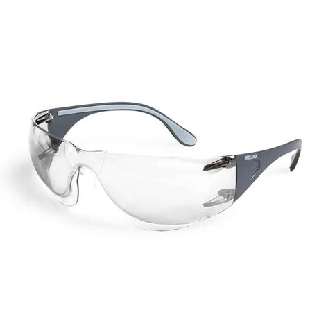 The Moldex Adapt Industrial Safety Glasses 5002_-1, featuring gray temples and a wraparound design, provide a minimalist and protective look with built-in UV protection. They are displayed against a plain white background.