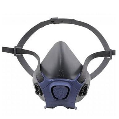 Introducing the Moldex 7000 Series Half Mask Respirator by Moldex: This reusable respirator comes with adjustable black straps and a dark blue front panel, featuring a central air filter for enhanced breathing protection to ensure optimal respiratory safety.