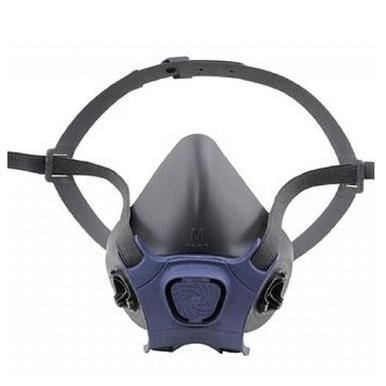 A close-up of the Moldex 7000 Series Half Mask Respirator, featuring a blue and black design with adjustable straps and dual filters for protection against airborne particles and gases. The Moldex respirator has a triangular shape with a central vent.