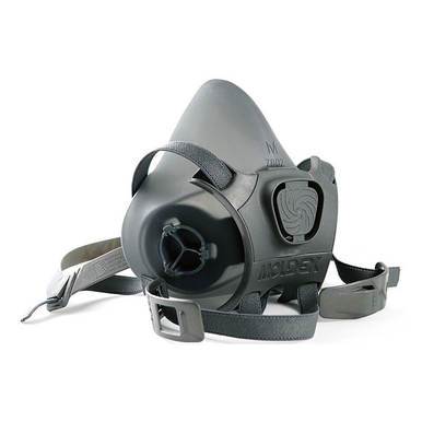 The Moldex 7800 Series Premium Silicone Half Mask, featuring a gray design, offers adjustable straps and a filter valve to provide excellent protection against airborne particles and contaminants. This NIOSH-approved product meets safety and quality standards and is showcased on a plain white background.