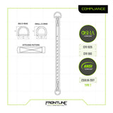 Technical diagram of the Frontline MPS Cross Arm Strap with Reinforced Webbing by Frontline Fall Protection, showing big/small D-ring measurements, stitching pattern, abrasion-resistant webbing, and compliance with OSHA, ANSI, CFR 1926/1910, Z359.18-2017 Type T.