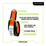 The Frontline MPS Cross Arm Strap with Reinforced Webbing by Frontline Fall Protection features orange/black design, gold D-rings (small & large), abrasion protection, quick install for concrete or steel, high-tenacity stitching, and a user-friendly design.